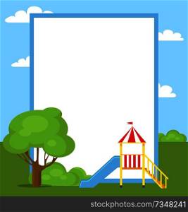 Large blue slide for children with yellow ladder and little balcony with crown and flag vector illustration with place for text in white frame. Large Blue Slide for Children with Yellow Ladder