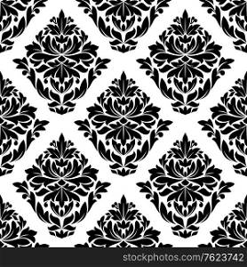 Large bold diamond shaped floral and foliate motif in a black and white silhouette arranged in a repeat seamless pattern in square format