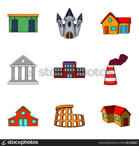 Large building icons set. Cartoon set of 9 large building vector icons for web isolated on white background. Large building icons set, cartoon style