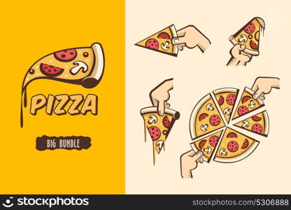 Large bundle pizza. The pieces of pizza in his hand. Vector logos, illustrations for cafes pizzerias.