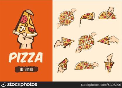 Large bundle pizza. Vector logos, illustrations for cafes pizzerias. The pieces of pizza in his hand.