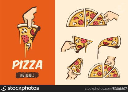 Large bundle pizza. Vector logos, illustrations pizza.