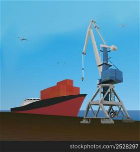 Large cargo crane and ship with containers in port. Vector illustration.. Large cargo crane and ship with containers in port.