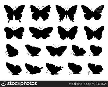 Large collection of black Silhouettes of beautiful butterflies