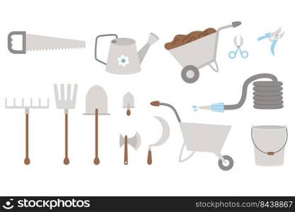 Large collection of garden farming tools. Shovel, rake, pitchfork, bucket, wheelbarrow and watering can, hose and saw, ax and sickle. Vector illustration. Isolated gardening and farming tools