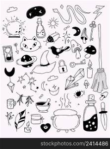 large collection of magical, witchcraft and occult items for witches. Amulets and Ritual objects, cat and crow, beetle and crystal, potion and plants, linear hand drawing. Vector illustration isolated