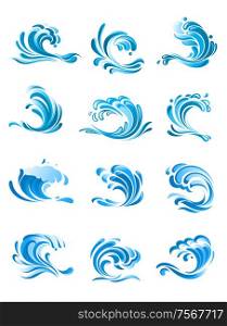 Large curling blue waves icons or logo elements set for marine or nautical themed design, vector illustration on white
