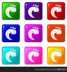 Large curling wave icons of 9 color set isolated vector illustration. Large curling wave set 9