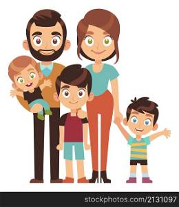 Large family concept. Cartoon parents with three kids isolated on white background. Large family concept. Cartoon parents with three kids