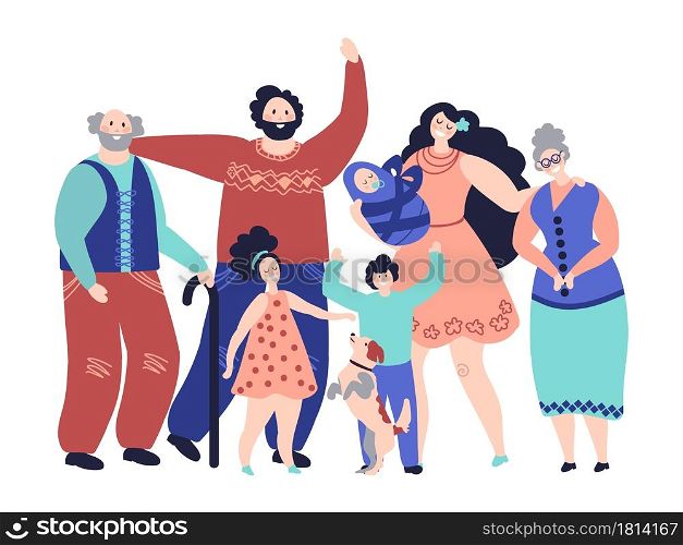 Large family. Generations, cartoon smiling parents and kids. Happy grandparents mom girl boy baby characters, parenthood vector concept. Illustration family mother and father happy. Large family. Generations, cartoon smiling parents and kids. Happy grandparents mom girl boy baby characters, parenthood vector concept