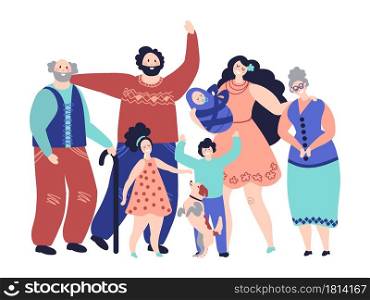 Large family. Generations, cartoon smiling parents and kids. Happy grandparents mom girl boy baby characters, parenthood vector concept. Illustration family mother and father happy. Large family. Generations, cartoon smiling parents and kids. Happy grandparents mom girl boy baby characters, parenthood vector concept