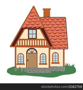 Large family house in Tudor style. Detailed flat illustration of an old traditional stone building.. Large family house in Tudor style. Detailed flat illustration of an old traditional stone building