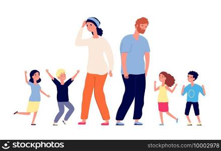 Large family. Tired parents, happy excited children. Mother father stand with teenagers. Vector parenting, big group toddlers illustration. Father and mother with children boy and girl. Large family. Tired parents, happy excited children. Mother father stand with teenagers. Vector parenting, big group toddlers illustration