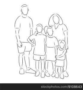 Large family, vector. Hand drawn sketch. Mother, father and three children.