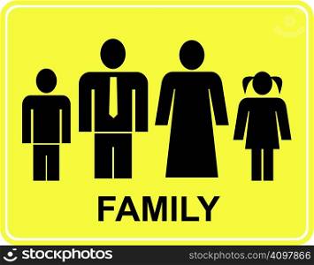 Large family - yellow and black stylized vector sign. Husband, wife and their children. Man, woman, boy and girl.