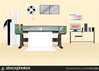 Large format or Wide format printer with media in room. Flat vector design of advertising industrial machine. Editable by layers.