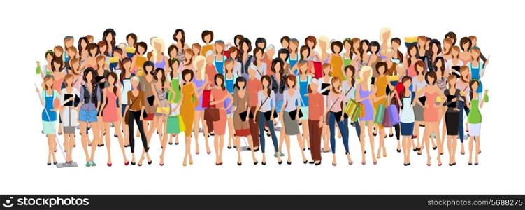Large group crowd of different age women female professionals businesswomen vector illustration