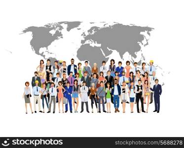 Large group crowd of people adult professionals with world map on background vector illustration