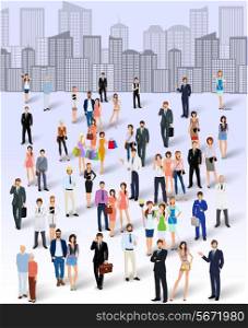 Large group crowd of people on city skyline background poster vector illustration