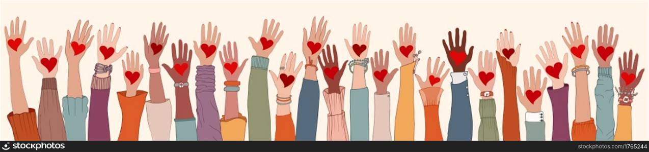 Large Group of diverse people with heart in hand. Arms and hands raised. Charity donation and volunteer work. Support and assistance. People diversity. Multicultural community. Teamwork