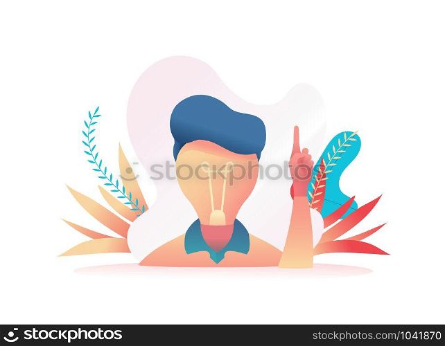 Large head in the form of a light bulb, the index finger shows up. Metaphor of the search for ideas. Concept leader, boss, CEO makes the right decision, finds an idea. Vector flat illustration.