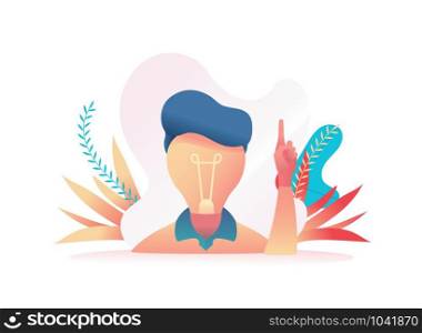 Large head in the form of a light bulb, the index finger shows up. Metaphor of the search for ideas. Concept leader, boss, CEO makes the right decision, finds an idea. Vector flat illustration.