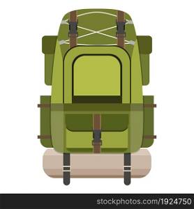 Large hiking backpack. Tourist rucksack with sleeping bag. Camping backpack isolated on white background. Vector illustration in flat design. Large hiking backpack