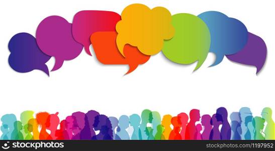 Large isolated group people in profile talking silhouette. Concept to communicate. Speech bubble. Crowd speaks. Social networking. Multi-ethnic people dialogue. Clouds rainbow colors. Talk