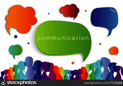 Large isolated group people in profile talking silhouette rainbow colours. Speech bubble. Concept to communicate. Crowd speaks. Social networking. Multi-ethnic people dialogue. Clouds. Talk