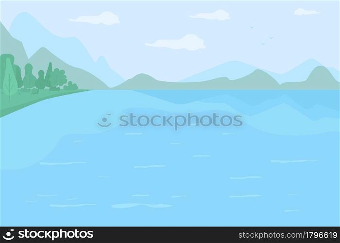Large lake surrounded by hills flat color vector illustration. Place for fishing experience. Pristine nature. Freshwater reservoir 2D cartoon landscape with mountain ranges on background. Large lake surrounded by hills flat color vector illustration