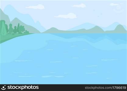 Large lake surrounded by hills flat color vector illustration. Place for fishing experience. Pristine nature. Freshwater reservoir 2D cartoon landscape with mountain ranges on background. Large lake surrounded by hills flat color vector illustration