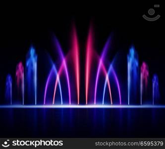 Large multi colored decorative dancing water jet led light fountain show at night realistic image vector illustration . Fountain Night Realistic Image