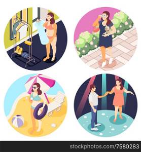 Large obese people 4 round isometric composition with buying plus size clothing dating beach fashion vector illustration