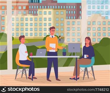Large panoramic windows, cityscape, office staff at table with laptop and monoblock. Man in glasses stands with document. Girl and guy drinking coffee. Coffee break in the office. Flat image. Office staff communicate in the office, modern interior, panoramic windows. Coffee break. Flat image