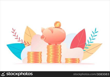 Large piggy bank stands on stack of huge coins as in first place. Investment increase concept. Metaphor of increasing investment, capital accumulation. Flat vector illustration