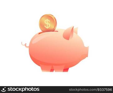 Large piggy bank with a coin on an isolated background side view. Successful teamwork concept. Metaphor of increasing investment, capital accumulation.  Flat vector illustration
