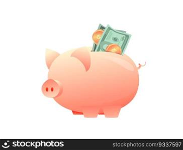Large piggy bank with paper money on an isolated background. Successful teamwork concept. Metaphor of increasing investment, capital accumulation. Flat vector illustration