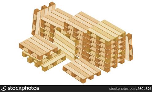 Large pile of isometric pallets in stacks and a lot around for packaging and transportation isolated on white background. Vector illustration.. Large pile of isometric pallets in stacks and a lot around for packaging and transportation isolated on white background.