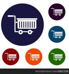 Large plastic supermarket cart icons set in flat circle red, blue and green color for web. Large plastic supermarket cart icons set