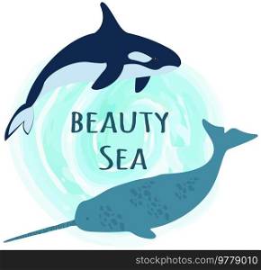 Large predatory marine mammals, whale, narwhal. Predatory animals living in ocean swimming around inscription. Wild animals, ocean mammals. Killer whale and narwhal in sea vector illustration. Predatory animals living in ocean swimming around inscription. Killer whale and narwhal in sea