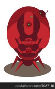 Large red alien robot with 4 arms and spider legs isolated on white. robot fat flat