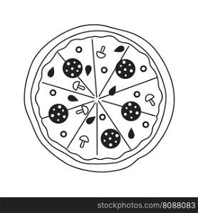 Large round pepperoni pizza with cheese monochromatic flat vector object. Homemade baked salami food. Editable thin line icon on white. Simple bw cartoon spot image for web graphic design, animation. Large round pepperoni pizza with cheese monochromatic flat vector object