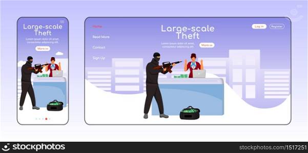 Large scale theft adaptive landing page flat color vector template. Armed attack mobile and PC homepage layout. Bank robbery one page website UI. Webpage cross platform design