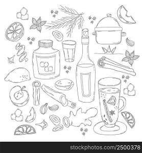 large set for Christmas mulled wine. Vector illustration in line hand-drawn. glass and bottle of wine, slice of citrus and apple, spices, cinnamon, cardamom, ginger and honey. Isolated outline drawing