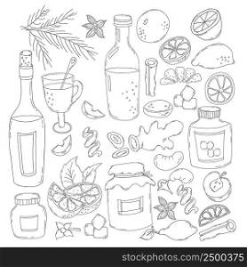 large set for mulled wine. Vector illustration in line hand-drawn. glass and bottle of wine, slice of citrus and apple, spices, cinnamon, cardamom, ginger and jar of honey. Isolated outline drawing