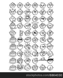 Large set of 60 hand drawn baby smiley faces emoticons.