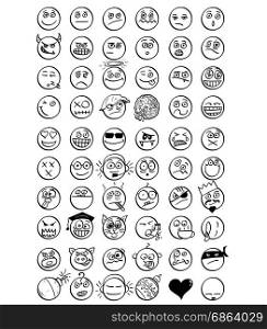 Large set of 60 vector hand drawn cartoon smiley faces emoticons .