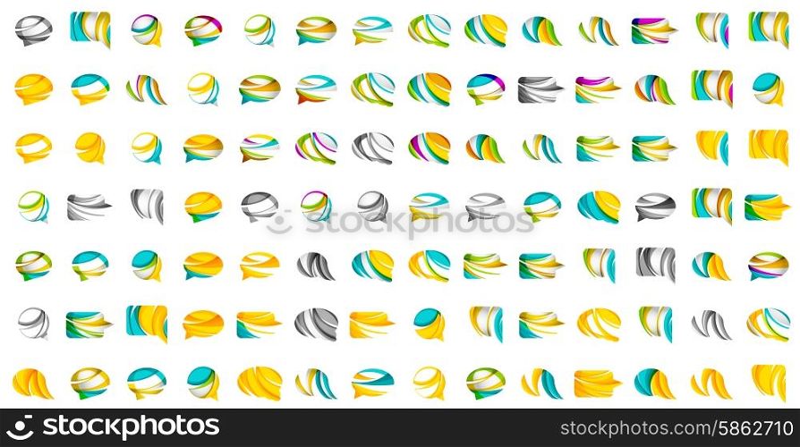 Large set of abstract speech bubble and cloud icons, business logotype concepts, clean modern geometric design. Created with transparent abstract wave lines