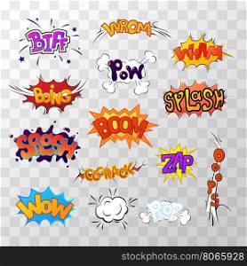 Large set of bright multi colored comic sound effects. Large set of bright multi colored comic sound effects on transparent background
