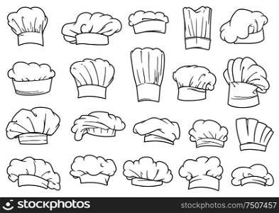 Large set of chefs toques, caps and hats in different shapes and designs, outline sketch style. Chefs toques, caps and hats